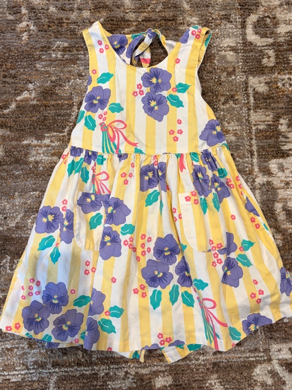Vintage Gymboree Girls Yellow Stripe Dress with Purple Floral Print Size Large
